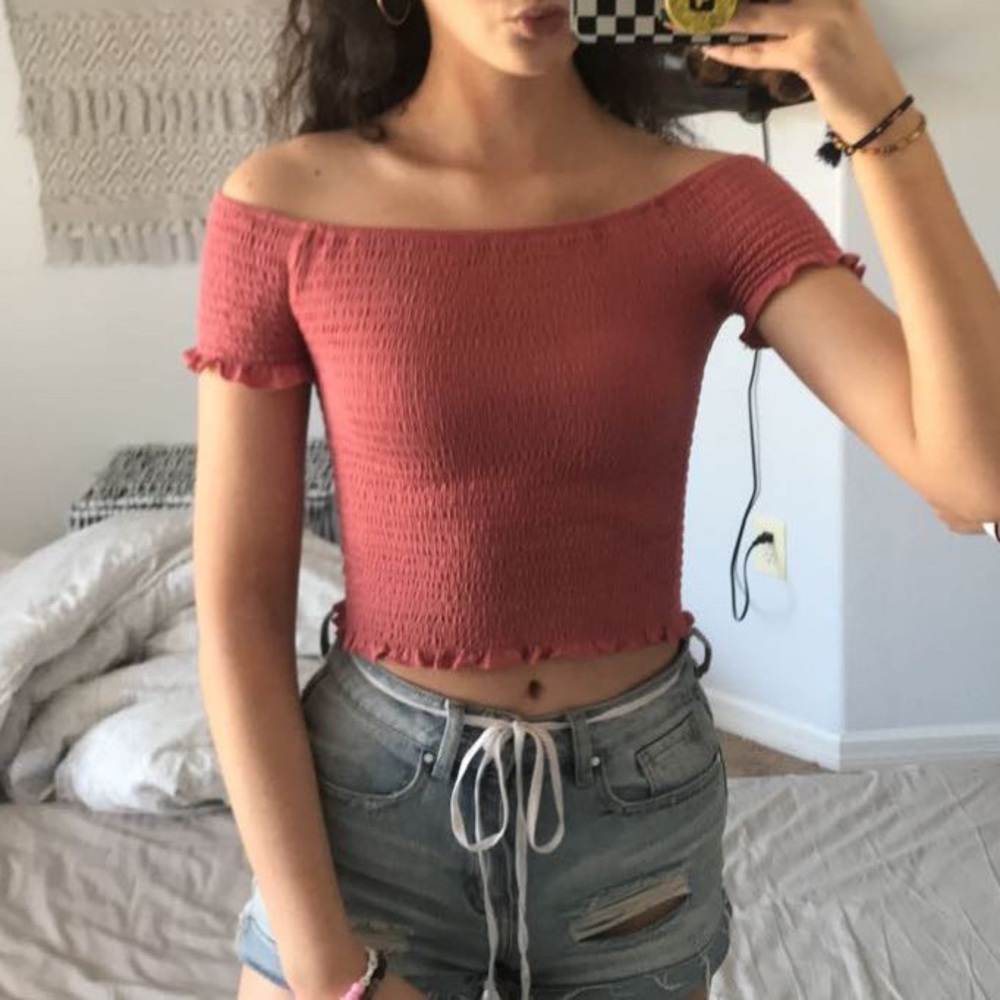 dark pink smocked off the shoulder top